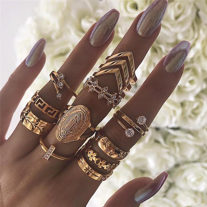 Boho Vintage Gold Star Knuckle Rings For Women BOHO Crystal Star Crescent Geometric Female Finger Rings Set Jewelry