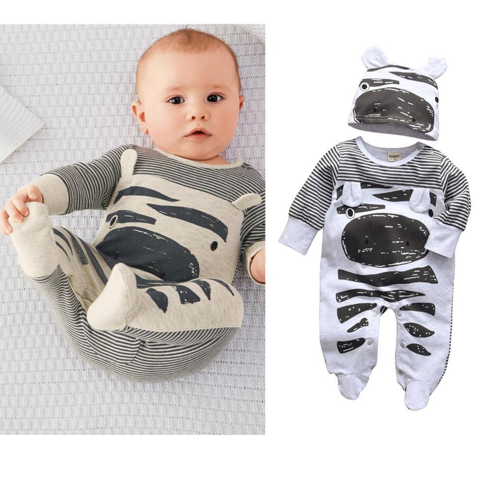 Newborn Baby Boys Romper Clothes Cotton Cute Cartoon Print Long Sleeve Jumpsuit Hat 2 Pcs