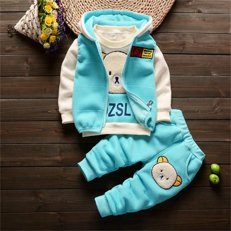 Baby Clothes Winter Thick And Warm Three-piece Cartoon Bear And Fox Printed Sweater Hooded Baby Girl Clothing Set Sweater and Pants