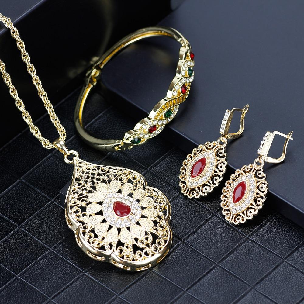 Gold Color Arabic Necklace With Earring Cuff Bracelet Women Ethnic Wedding Jewelry Sets Morocco Caftan Fashion Accessories