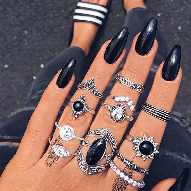 Boho Women Rings Set Compass Arrow Starfish Wave Moon Eyes Gem Gold Silver Color Opening Midi Ring Charm Lady Jewelry