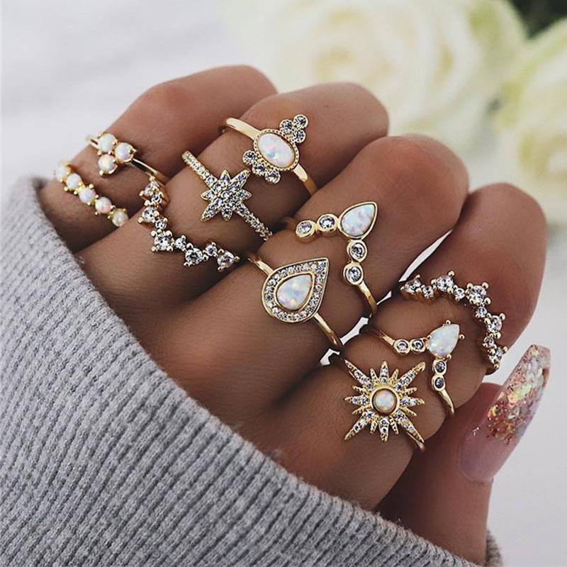 Boho Vintage Gold Star Knuckle Rings For Women BOHO Crystal Star Crescent Geometric Female Finger Rings Set Jewelry