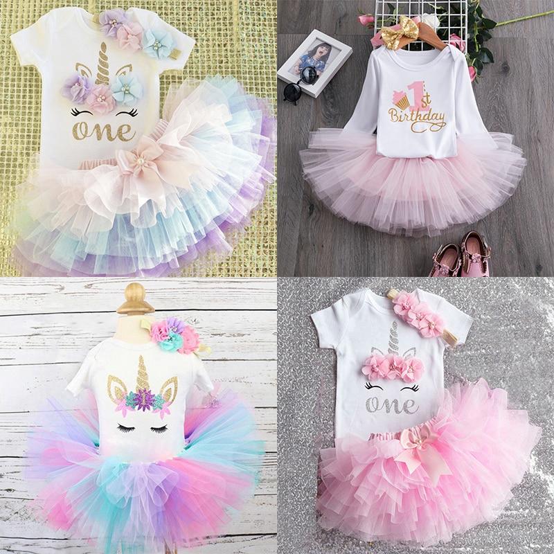 Luxury Modern Baby Girl First 1st Birthday Party Dress Cute Pink Tutu Cake Outfits For Birthday Party with Big Bow And Unicorn Design