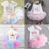 Luxury Modern Baby Girl First 1st Birthday Party Dress Cute Pink Tutu Cake Outfits For Birthday Party with Big Bow And Unicorn Design