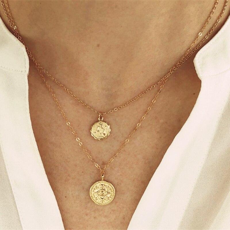 Multi Layered Necklace For Women Bohemian Coin Star Moon Geometric Chain Round Luxury Jewelry Perfect Gift Cool Style