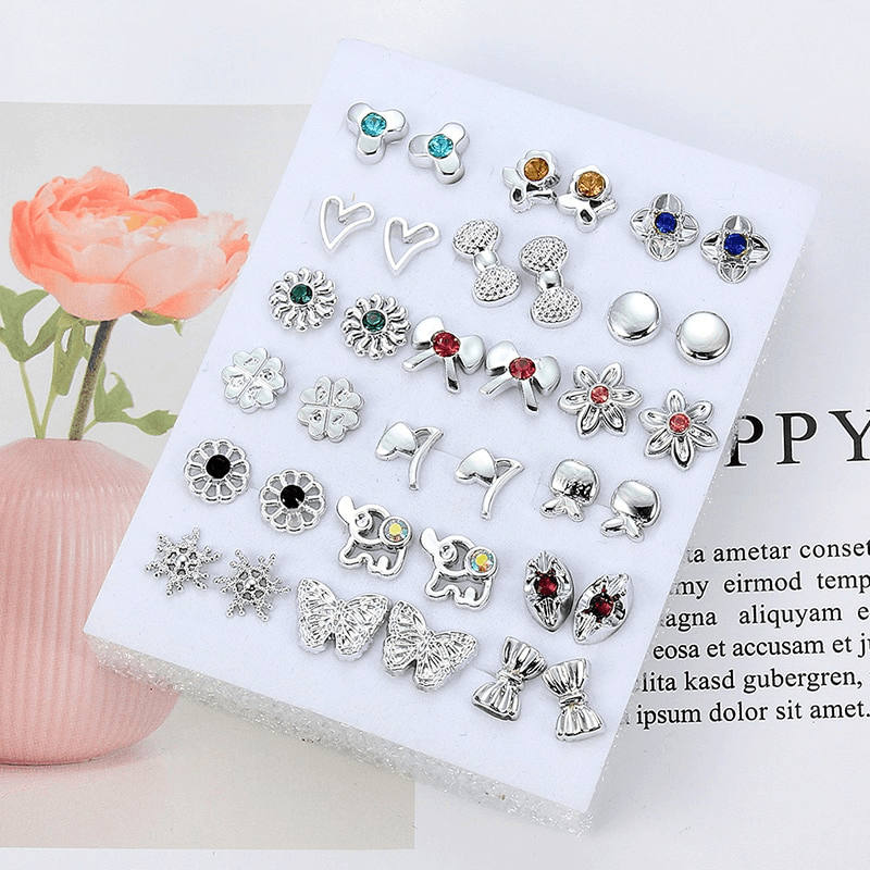 36Pairs/18pairs Earrings Mixed Styles Rhinestone Sun Flower Geometric Animal Plastic Stud Luxury Earrings for Woman and Kids