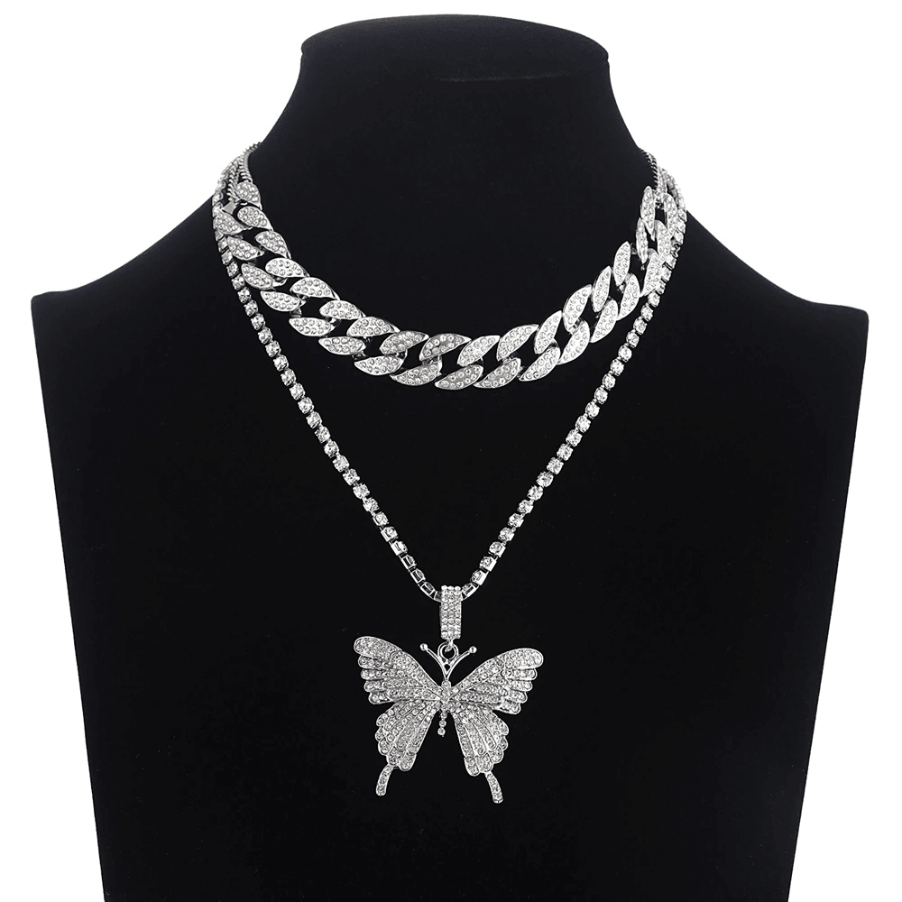 Iced Out Butterfly Necklace Set Cuban Link Chain Choker Necklace For Women and Girls Butterfly Chains Bling Hip Hop Pendant Jewelry Set