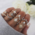 Boho Women Rings Set Compass Arrow Starfish Wave Moon Eyes Gem Gold Silver Color Opening Midi Ring Charm Lady Jewelry