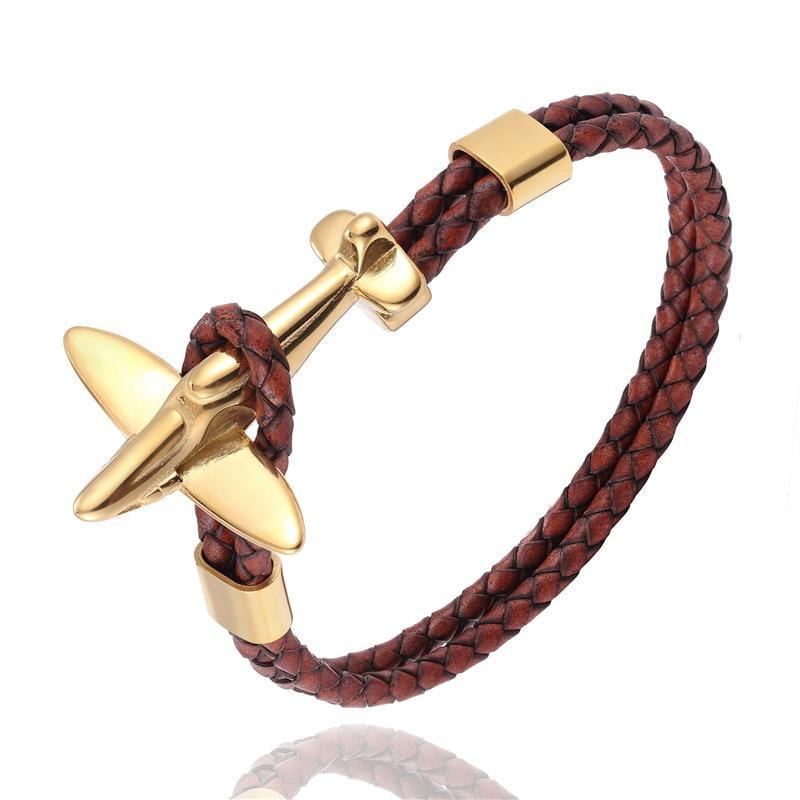 Stainless Steel Gold Aviation Airplane Anchor Bracelets For Men and Women In Retro Leather Bracelet Air Force Style Homme Jewelry Style