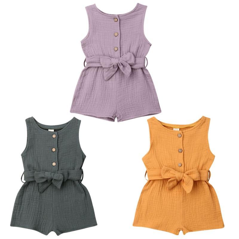 Newborn Baby Girl Kids Solid Romper Jumpsuit Playsuit Sleeveless Bow Belt Clothes Outfit For Summer