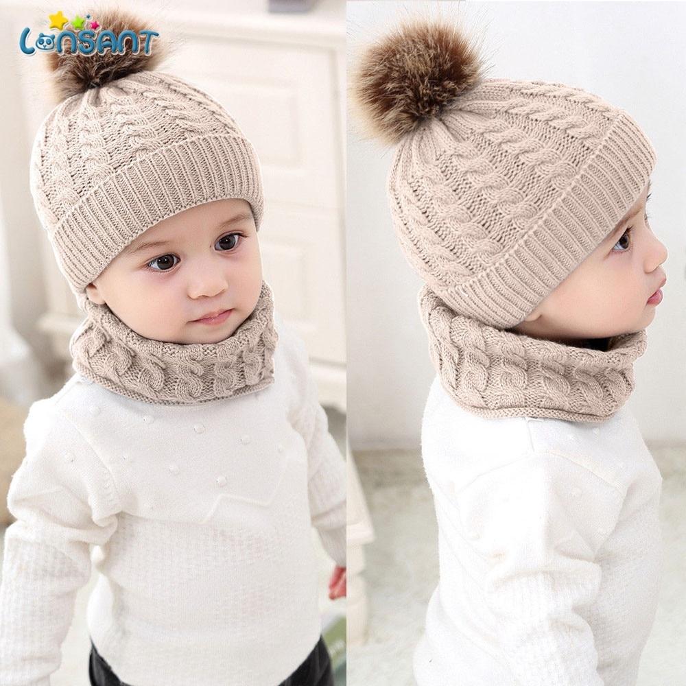 Trend New Toddler Hat Baby Girls and Boys Winter Warm Knitted Wool Hemming Hat Beanie Cap and Warm Scarf