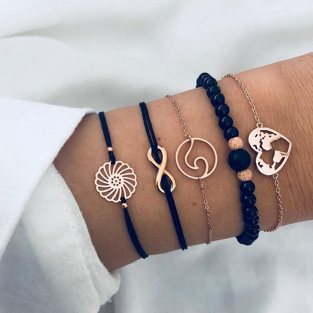 Fashion Bohemia Leaf Round Knot Cuff Bangle Gold Chain Charm Bracelet  for Women Simple Geometric Bracelets Luxury Jewelry