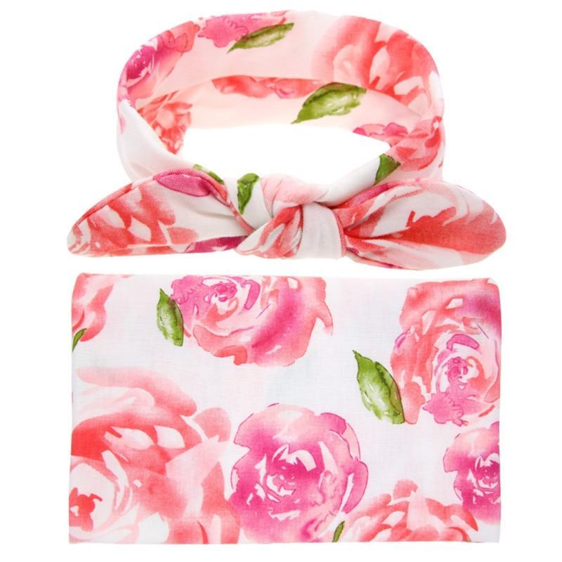 Elegant Colorful Baby Swaddle Wrap Newborn Infant Receiving Blanket Headwear Flower Print Towels With Bow