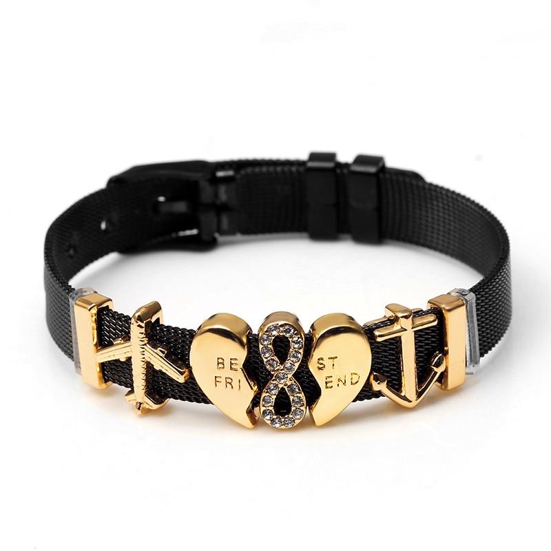 Black Stainless Steel Mesh Bracelets Elegant For Women Men Couples Lover Gold Rose Gold Star Bears Anchor Charm Watch Belt Bangle