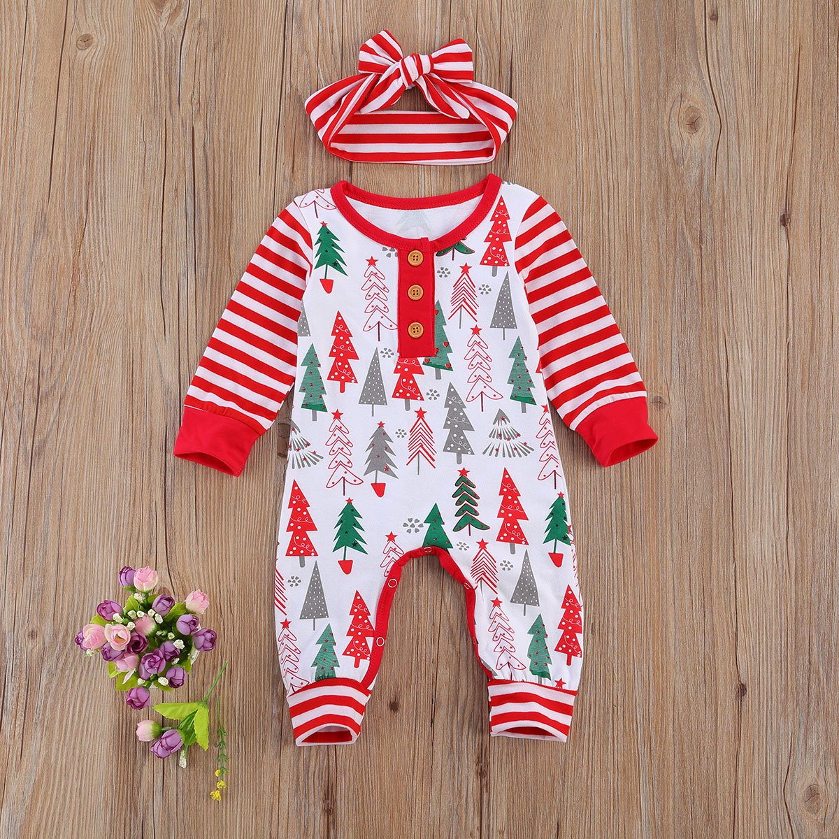 Newborn Baby Girl/Boys Christmas Long Sleeve Round Neck  Tree print Romper for Infant In New Year Design