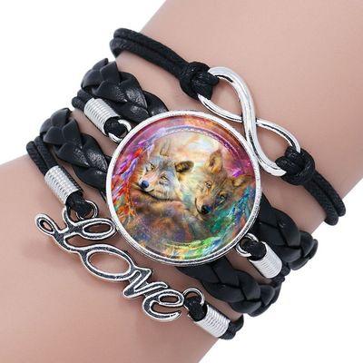 Classic Retro Wolf Head Elegant Bracelet Leather Bangle Luxury Bracelet Jewelry Boho Glass Moon Men Wrap Bangles For Men Women