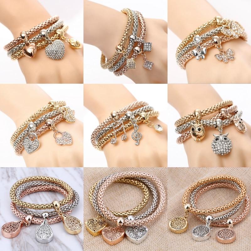 Crystal Owl Heart Charm Bracelets And Bangles Gold Alloy Elephant Anchor Pendants Rhinestone Bracelets For Women