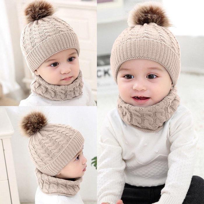 Trend New Toddler Hat Baby Girls and Boys Winter Warm Knitted Wool Hemming Hat Beanie Cap and Warm Scarf