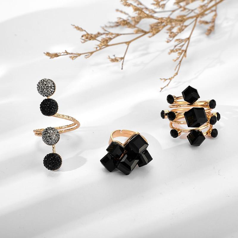 Modern Antique Gold Black Rhinestone Opening Finger Rings Set for Women With Earrings in Elegant Stone Deisgn