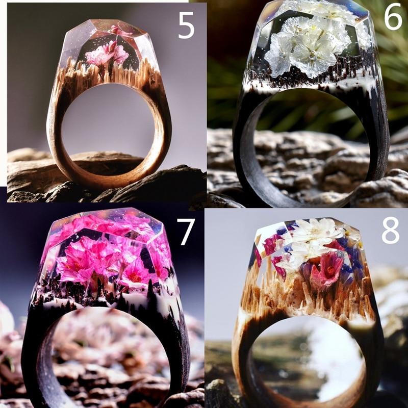 Luxury Handmade Unique Unisex Ring For Womens and Men  Wood Resin Ring Handmade Snowy Mountain Forest Micro Landscape Wooden Rings