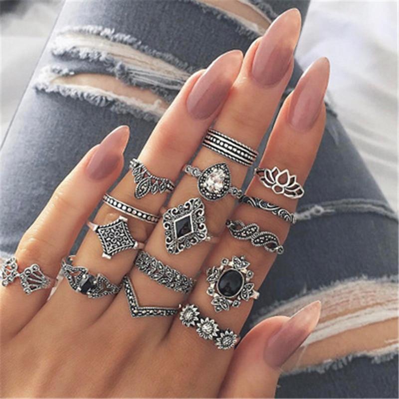 Boho Vintage Gold Star Knuckle Rings For Women BOHO Crystal Star Crescent Geometric Female Finger Rings Set Jewelry