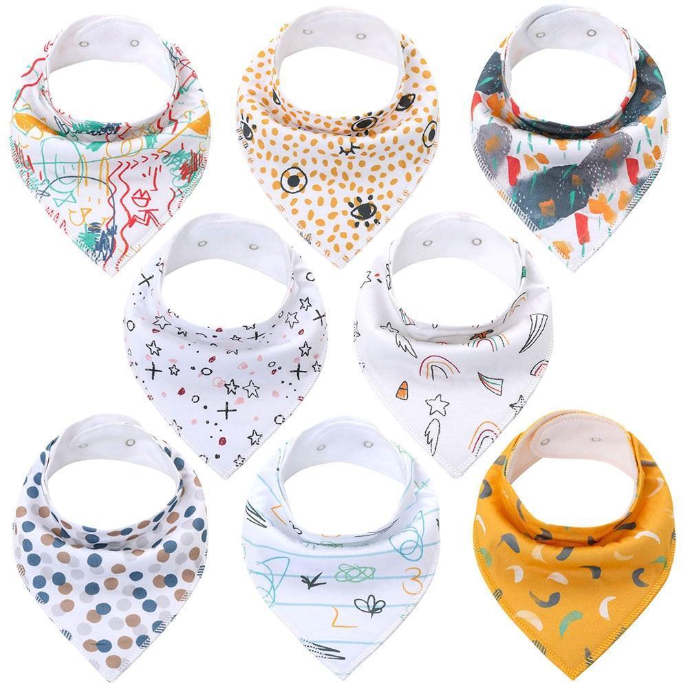 8PCS/SET Comfortable Colorful 100% Organic Cotton Adjustable Snaps Bandana Saliva Bibs For Baby Boys & Girls Kids