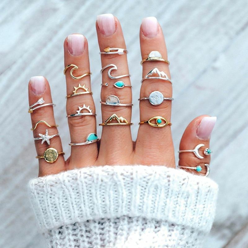 Boho Women Rings Set Compass Arrow Starfish Wave Moon Eyes Gem Gold Silver Color Opening Midi Ring Charm Lady Jewelry