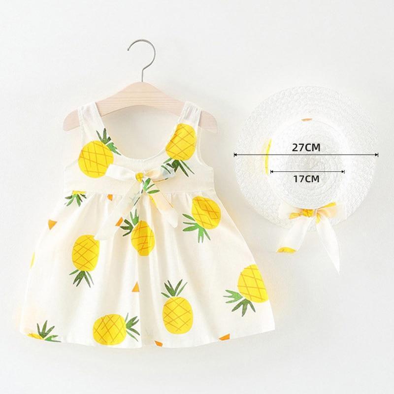 Luxury Modern Baby Girls Dresses With Hat 2pcs Clothes Sets Kids Clothes Baby Sleeveless Dress Print Floral Fruit Design Style