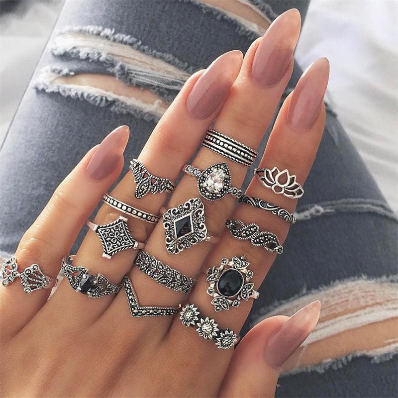 Boho Women Rings Set Compass Arrow Starfish Wave Moon Eyes Gem Gold Silver Color Opening Midi Ring Charm Lady Jewelry