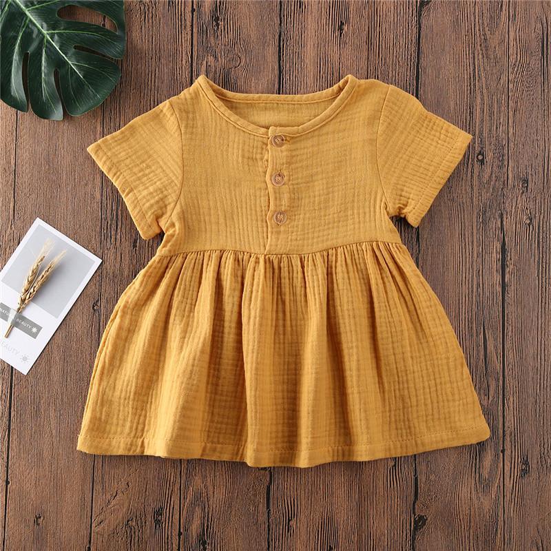 Kids Summer Cotton Linen Dress with Plain Short sleeve  Party A-line dress For Small Girls 1-3 Years