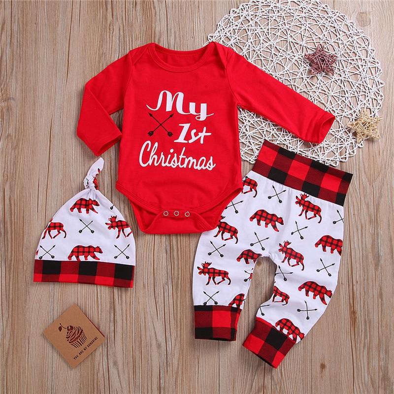 Casual New Baby Boy/Girl  First Christmas printed Clothes Romper Trousers Hat Outfit Set