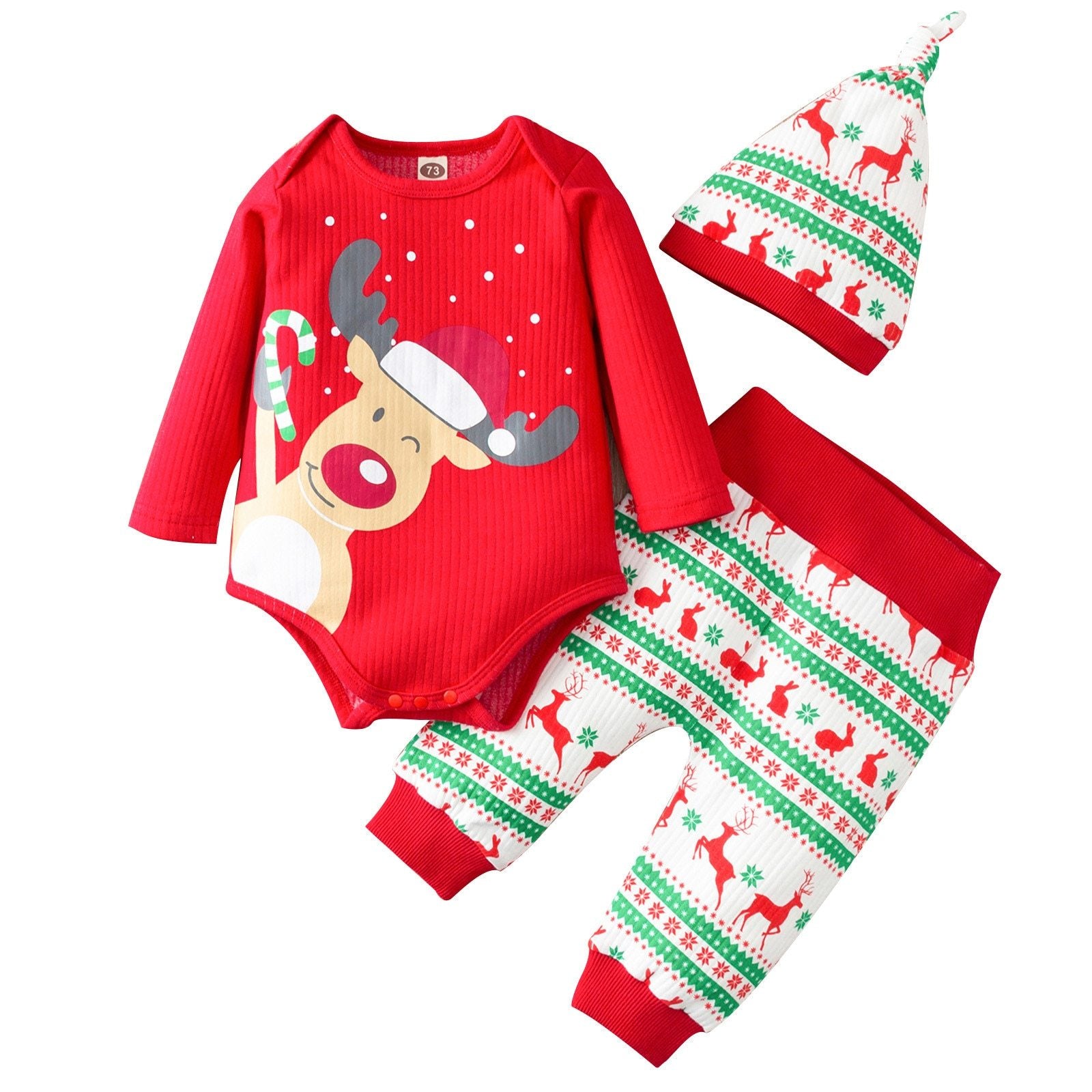 Christmas Romper Bodysuit Pants Hat Set for Newborn Baby Girls/Boys In New Year Holiday Design For Boys and Girls