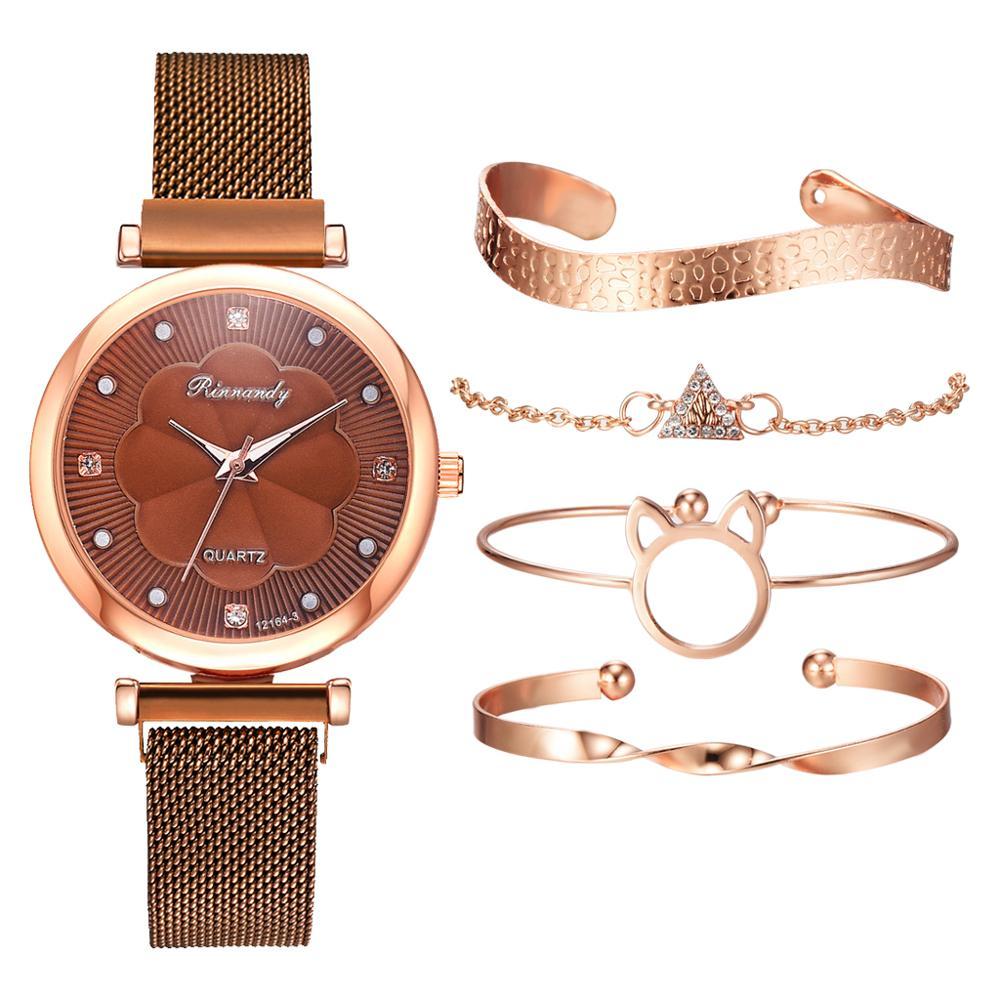 Fashion Set Women Watches Luxury Magnet Buckle Flower Rhinestone Watch Ladies Quartz Wrist Watch  WIth Bracelet In Set For Women and Girls