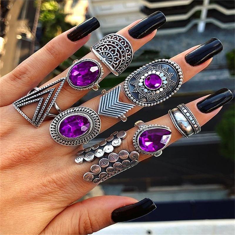 Modern Bohemian Retro Crystal Flower Leaves Hollow Lotus Gem Silver Color Ring Set For Women Excelent For Wedding Anniversary Party