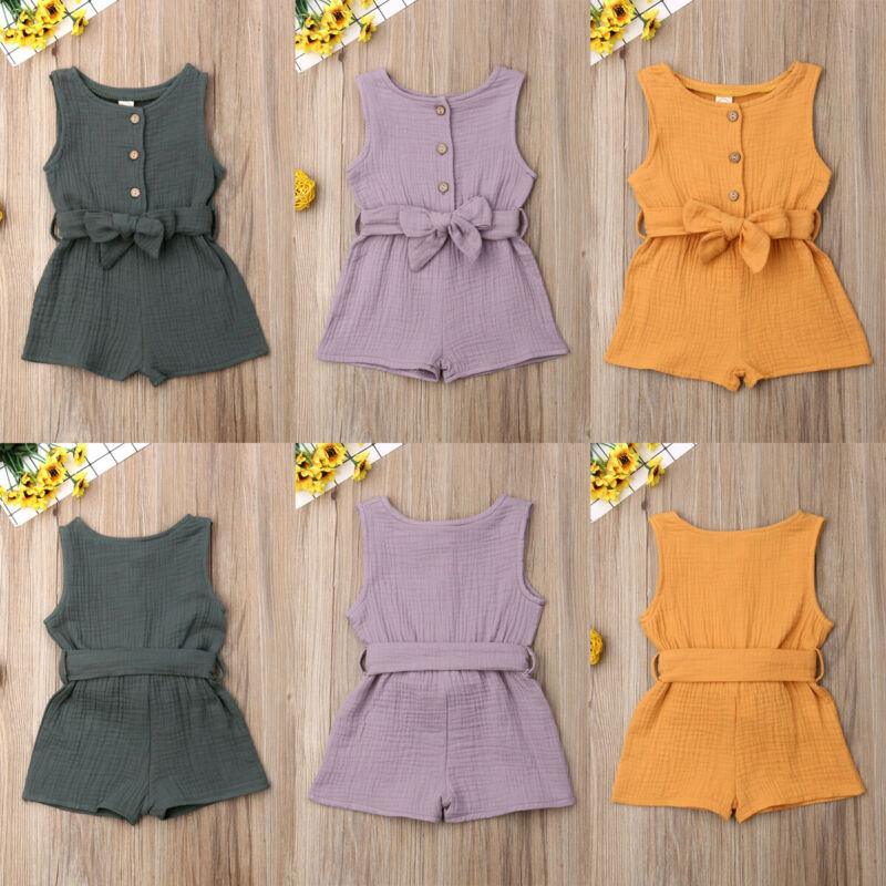 Newborn Baby Girl Kids Solid Romper Jumpsuit Playsuit Sleeveless Bow Belt Clothes Outfit For Summer