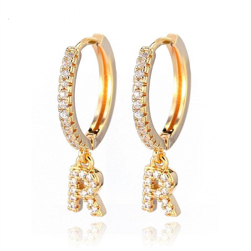 Luxury Diamond Fashion Cute Initial A-Z Letters Earrings Mirco Crystal Gold Small Hoop Earings For Women in Alphabet Fashion Hip Hop Style