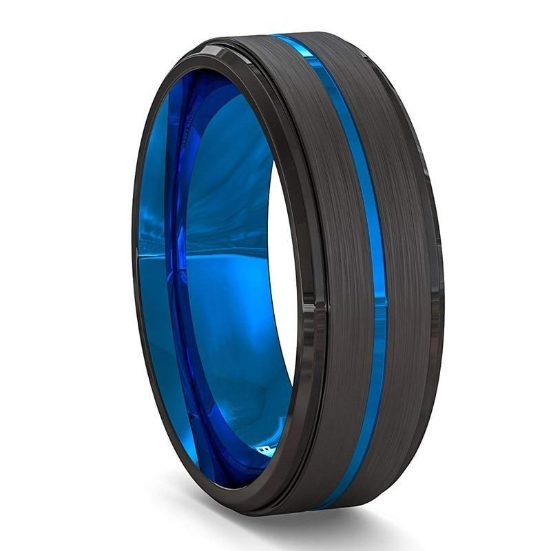 Men's fashion Black Brushed Ladder Edge Stainless Steel Ring Blue Groove Men Wedding Ring Gifts For Men