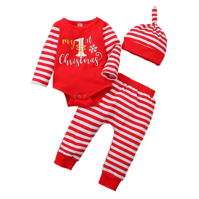 3PCS  Romper Jumpsuits+Striped Pant Christmas Clothes Set Kids for Infant Boys/Girls In Christmas Printed Design