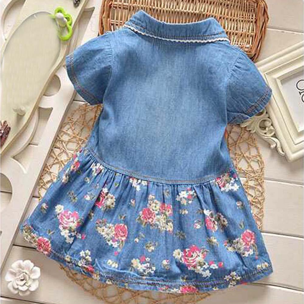 Modern Floral Print Bowknot Princess Jeans Short Sleeve Costume Kids Dresses For Girls