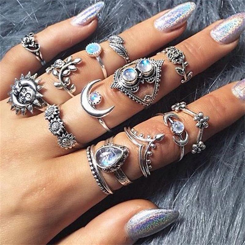 Modern Bohemian Retro Crystal Flower Leaves Hollow Lotus Gem Silver Color Ring Set For Women Excelent For Wedding Anniversary Party