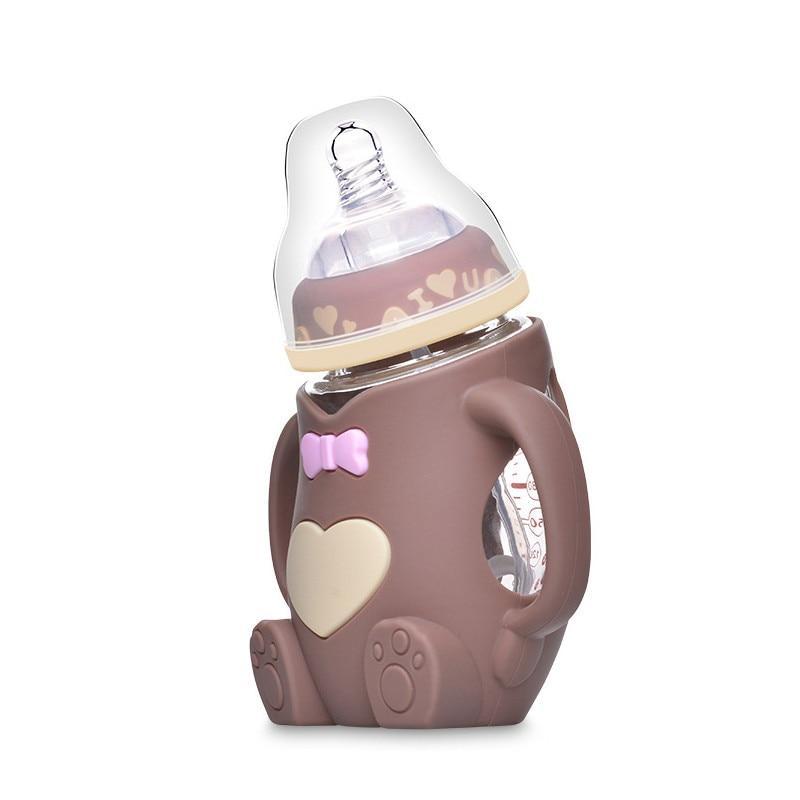 Infant Cartoon Baby Cute Feeding Glass Bottle Safe Silicone Milk Bottle With Handle Newborn Drink Training Colorful Feeding Bottles