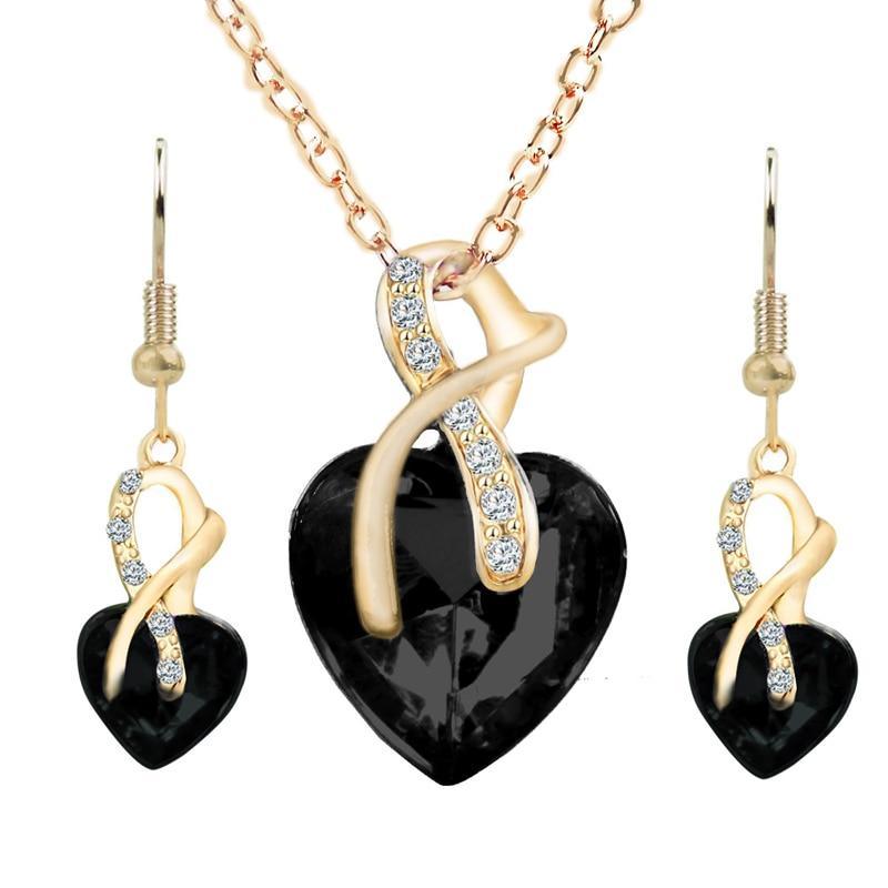 Luxury Fashion Jewelry Gold-color Romantic Austrian Crystal Heart Shape Chain Necklace and Earrings Jewelry Sets For Women