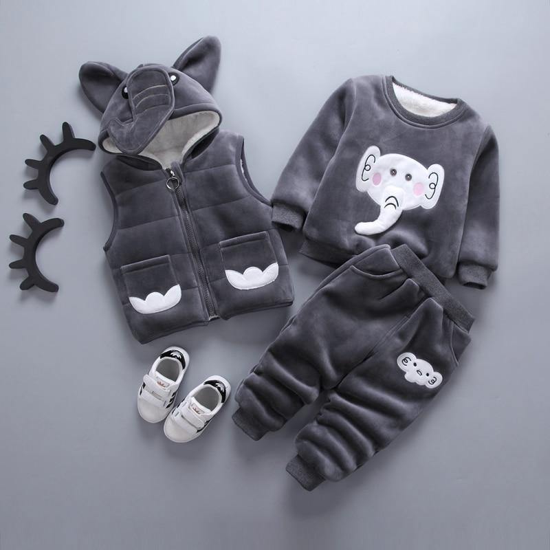 Baby Clothes Winter Thick And Warm Three-piece Cartoon Bear And Fox Printed Sweater Hooded Baby Girl Clothing Set Sweater and Pants