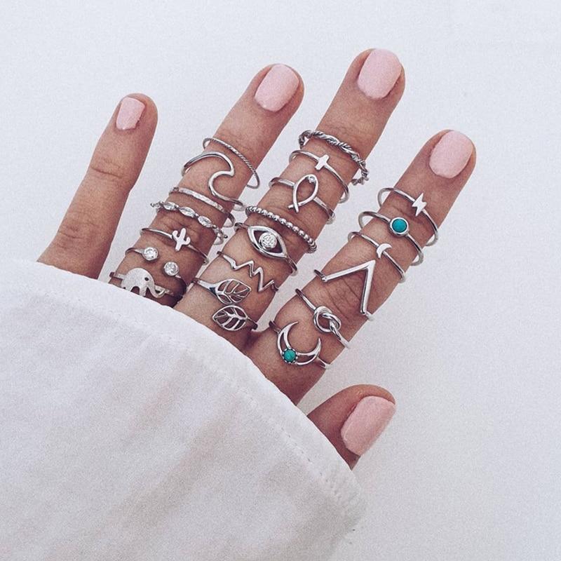 Boho Women Rings Set Compass Arrow Starfish Wave Moon Eyes Gem Gold Silver Color Opening Midi Ring Charm Lady Jewelry