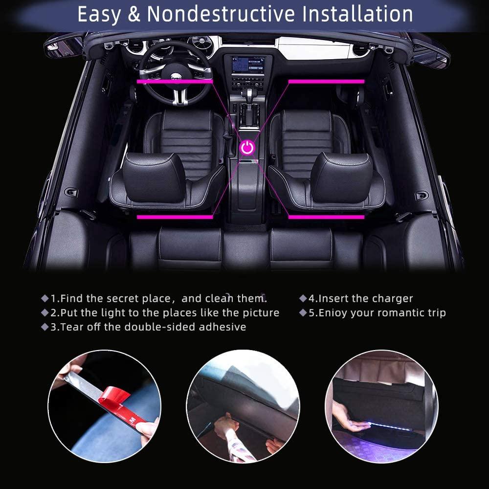 Interior Car Lights LED Car Strip Lights with Two-Line Waterproof Design RGB LED Strip Light With USB Wireless Remote Music Control Multiple Modes and Music Sync Under Dash Car Lighting with Car Charger, DC 12V