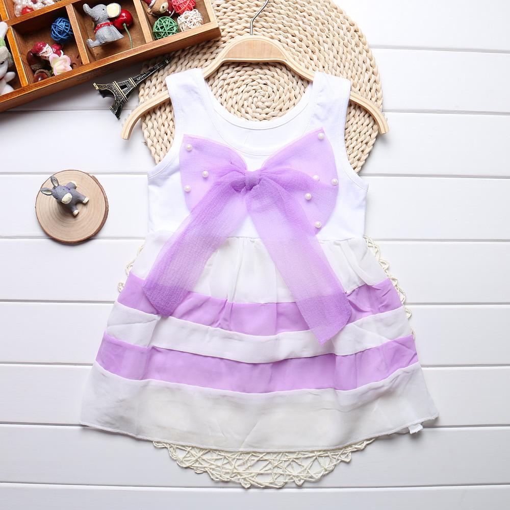 Luxury Summer Fashion Purple Stripe Round Neck Sleeveless Chiffon Dresses for baby Girls With Big Bow