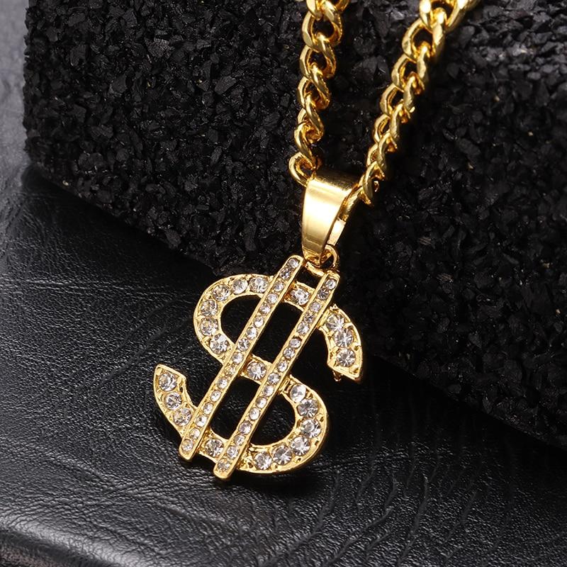 Luxury Dollar Shiny Diamond Pendant Necklaces Luxury Gold Color Long Chain Necklace Men adn Women Accessories