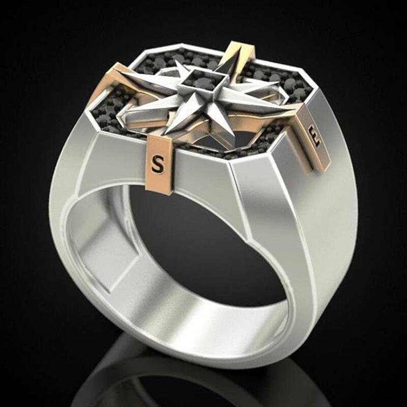 Unique Design Men's Creative Vintage Rings Stainless Steel AAA Zircon Inlay Two Tone Viking Compass Ring for Men Weeding Luxury Design