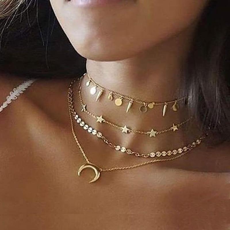 Luxury Multi Layered Gold Necklace For Women Style Perfect Gift For Girl Luxury Jewelry IN Cross Moon Star Medalon Design