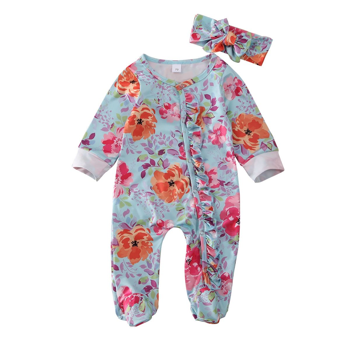 Baby Girls Footies Floral Print Ruffles Single Breasted Playsuit Headband Clothes Outfits For Girls with Bow Floral Printed